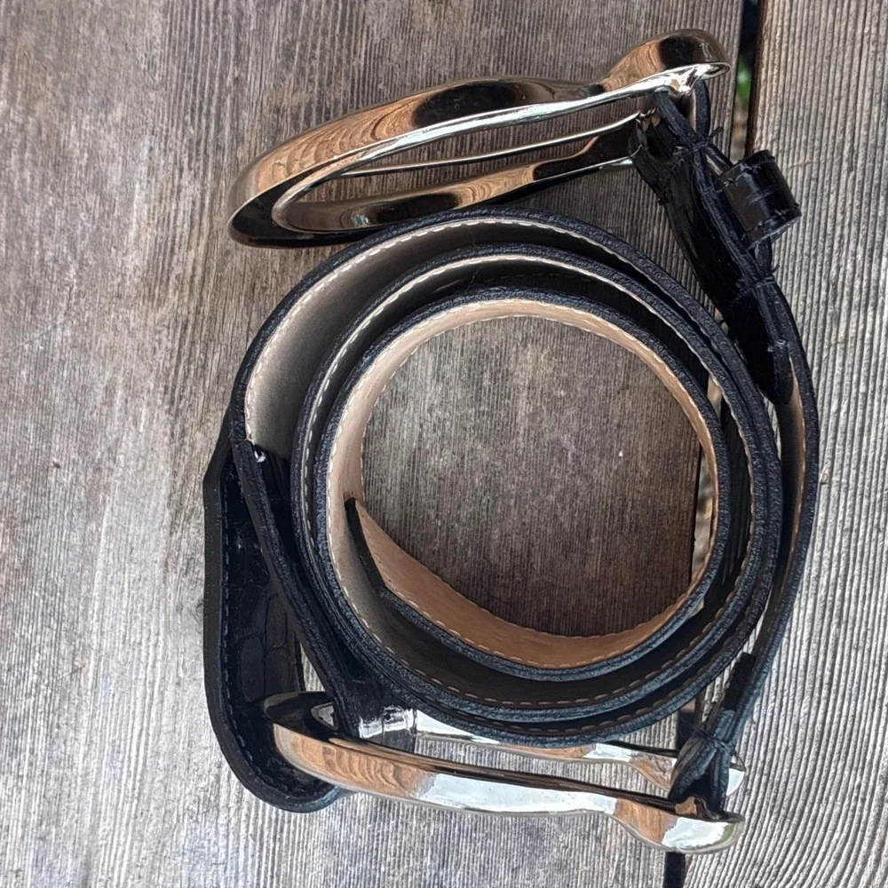 Cache Belt 40' Croc Embossed Patent Leather Wide Black L Horseshoe Buckle 7227